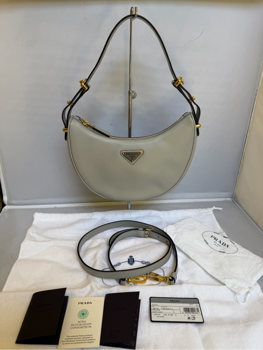 Prada Arque mini  Shoulder Bag in Light Gray with Gold Hardware